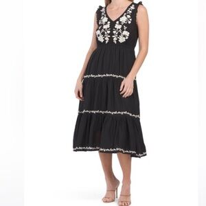 LUCKY BRAND Black White Floral Embroidered Tiered Sleeveless Boho Midi Dress S